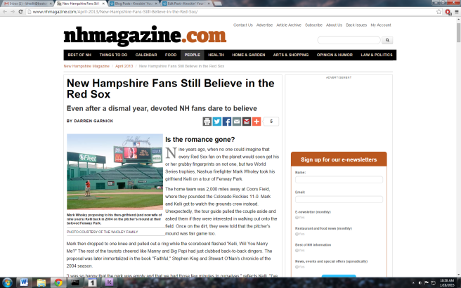 A web screenshot of New Hampshire Magazine's April 2013 feature about the Granite State's connection with the Boston Red Sox.